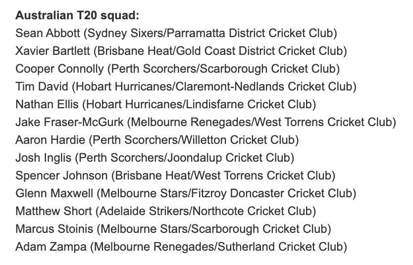tomdecent's tweet photo. Aus T20 squad has just dropped for matches vs Pakistan (14th, 16th, 18th Nov).
New skipper set to be named with Test guys rested. https://t.co/qQKgvtsJc6