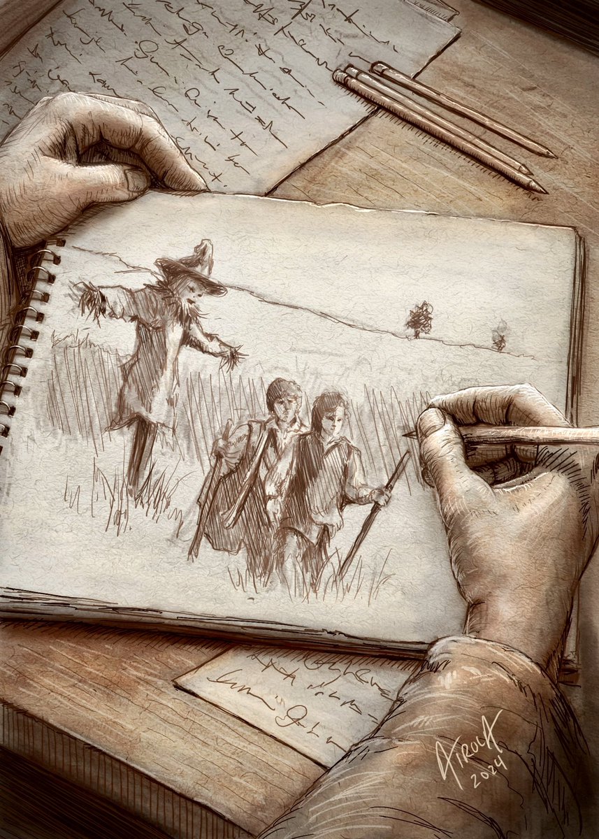 steve_airola's tweet photo. Inktober 2024  "Expedition" + "Scarecrow" + “camera”
we can see an artist capturing a moment of Sam and Frodo walking past a scarecrow during the expedition that will change the course of Middle-earth. 
#Inktober2024 #FrodoAndSam #Scarecrow #Expedition #MiddleEarth #Illustration https://t.co/NvLjQqJr0X
