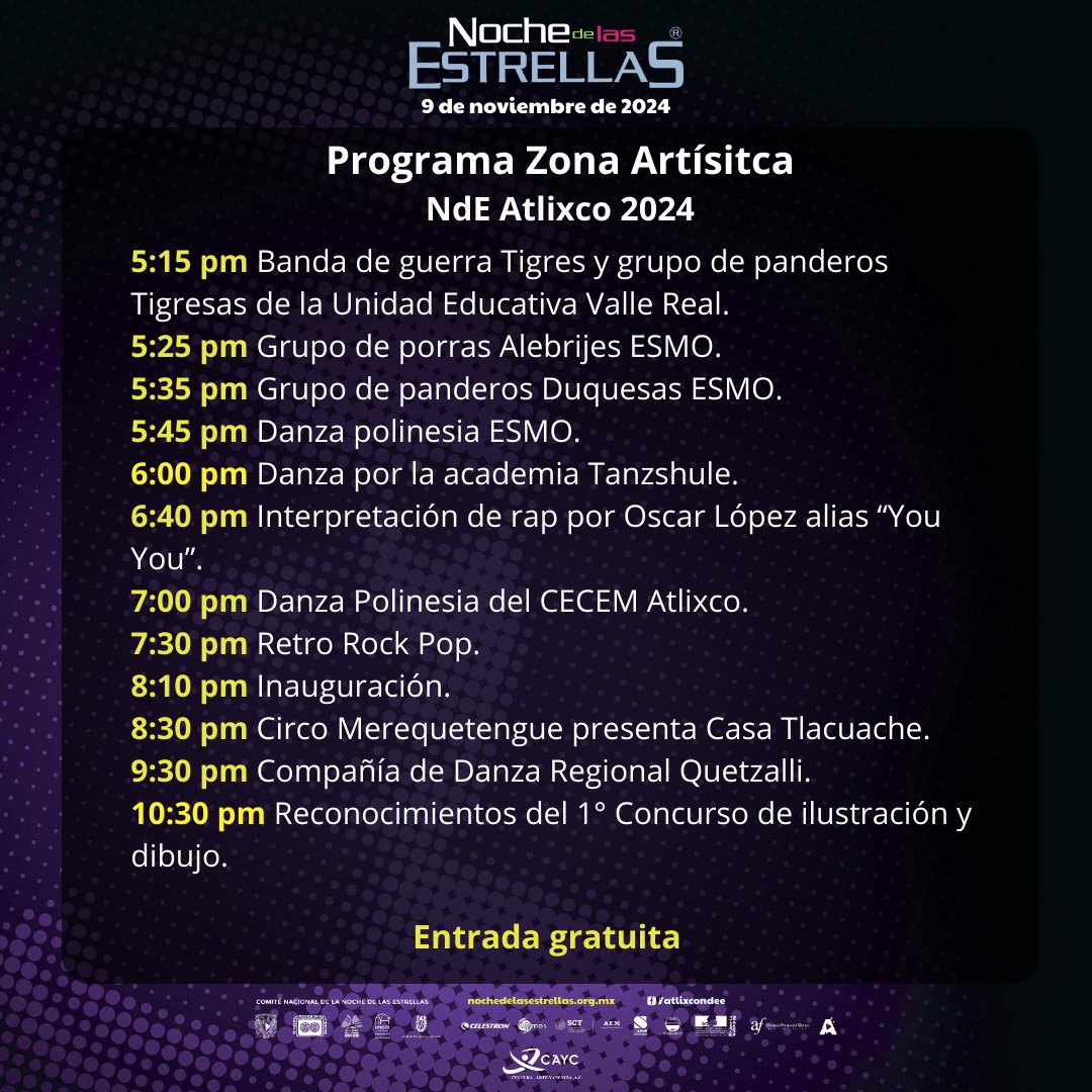 atlixcondee's tweet photo. ✨ ¡La Noche de las Estrellas 2024 te espera en #Atlixco este 9 de noviembre! ✨ Disfruta un programa artístico lleno de danzas, música, circo y más, desde las 5:15 pm hasta las 10:30 pm. 🌌 #EntradaGratuita ¡Ven con tu familia y vive una noche mágica! #NdE2024 https://t.co/5jyn0pKiDe