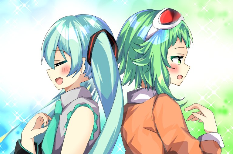 初音ミク「深斗さんのミクさんとGUMIさん!背中合わせで、何か歌っているホー?(*'ω`*」|piapro(ピアプロ)のイラスト