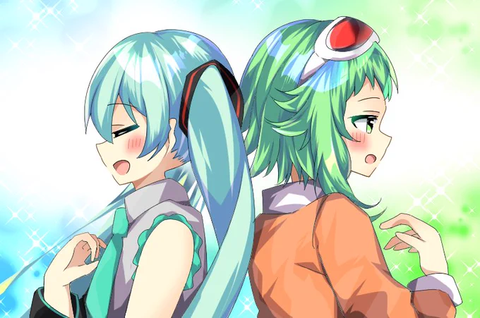 深斗さんのミクさんとGUMIさん!背中合わせで、何か歌っているホー?(*'ω`*)ステキな歌声が聞こえてきそうな1枚だホ～【】 #piapro #初音ミク #GUMI 