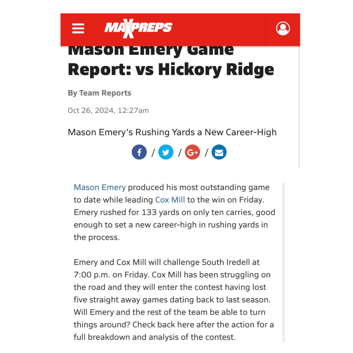 Mason Emery (@mjemery_2027) on Twitter photo 154 yards* 9 carries. from Friday nights game VS Hickory Ridge.<a href="/Coach_BHolmes/">Breon Holmes</a> <a href="/JardaleBlakeney/">blake</a> <a href="/pepman704/">Matt Morrow</a> <a href="/whelms21/">Will Helms</a> <a href="/PrepRedzoneNC/">Prep Redzone North Carolina</a> <a href="/DUFBRecruit/">Duke Football Recruiting</a> <a href="/coxmillftbl/">CMHS Football</a> <a href="/NC_MaxPreps/">North Carolina MaxPreps</a> 154 yards* 9 carries. from Friday nights game VS Hickory Ridge.<a href="/Coach_BHolmes/">Breon Holmes</a> <a href="/JardaleBlakeney/">blake</a> <a href="/pepman704/">Matt Morrow</a> <a href="/whelms21/">Will Helms</a> <a href="/PrepRedzoneNC/">Prep Redzone North Carolina</a> <a href="/DUFBRecruit/">Duke Football Recruiting</a> <a href="/coxmillftbl/">CMHS Football</a> <a href="/NC_MaxPreps/">North Carolina MaxPreps</a>