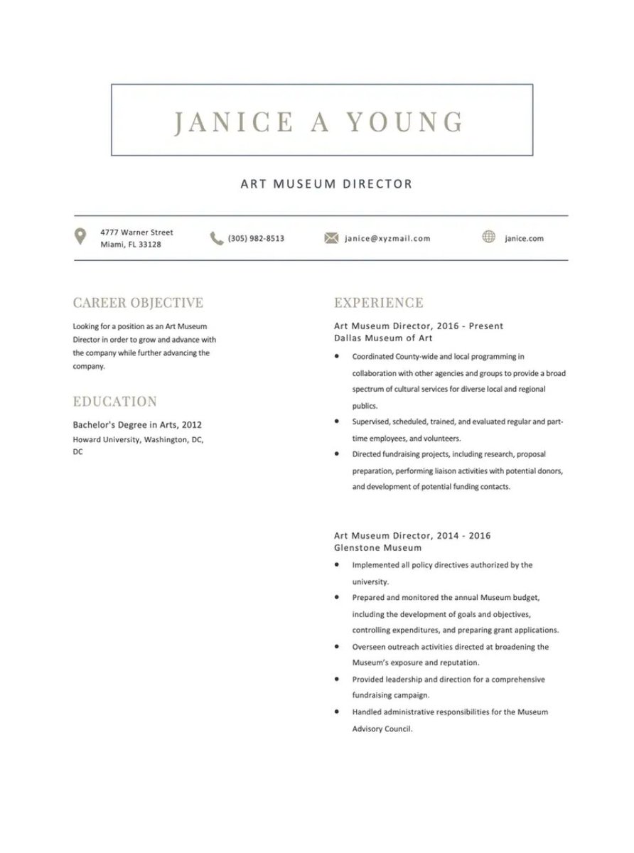 TempaHive's tweet image. Professional Art Museum Director Resume Template – Customizable and Free

#resume #templates #freetemplates #freeresumetemplates #freeresumes #cv