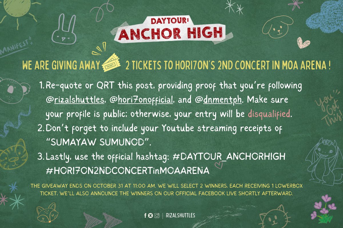 rizalshuttles's tweet photo. Gusto niyo bang SUMAYAW SUMUNOD sa #HORI7ON2NDCONCERTinMOAARENA sa November 3? 🕺

We are giving away tickets to two lucky ANCHORS! Check the mechanics below. 🎟️

#HORI7ON_VINCI #HORI7ON_KIM #HORI7ON_KYLER #HORI7ON_REYSTER #HORI7ON_WINSTON #HORI7ON_JEROMY #HORI7ON_MARCUS https://t.co/f6d1RAruSz