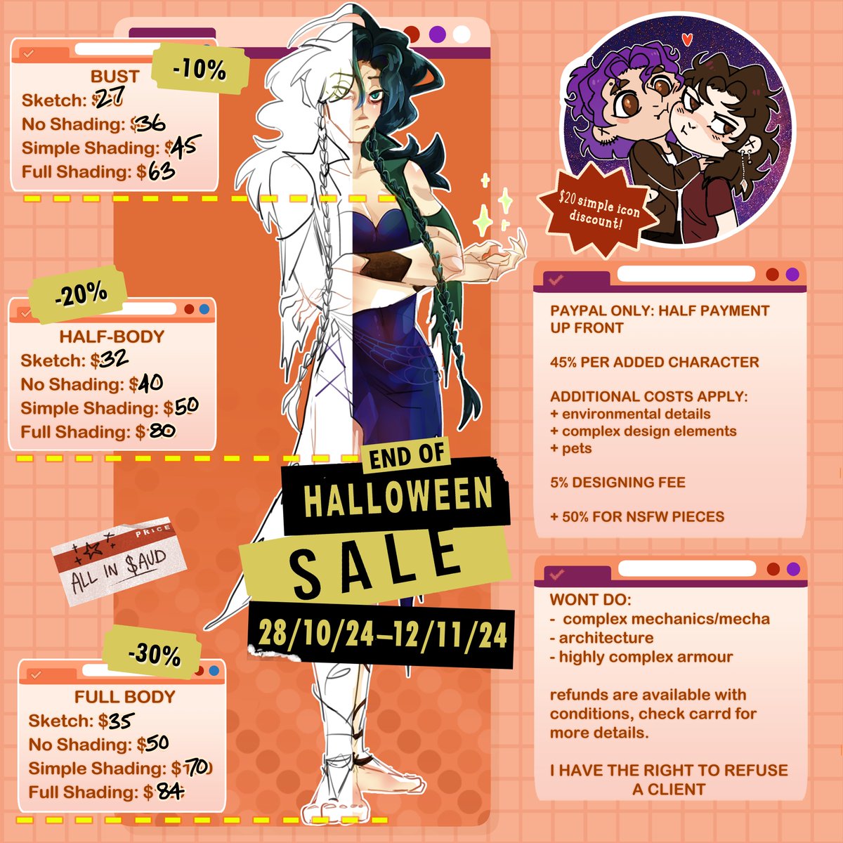 Wyantic's tweet photo. i dont do a lot of festive stuff around the holidays, but i figured why not do a fun end of Halloween sale! it will go until early/mid November. Happy Halloween!

#commissionsoopen #commissionsheet #halloween https://t.co/tCjlDGH26w