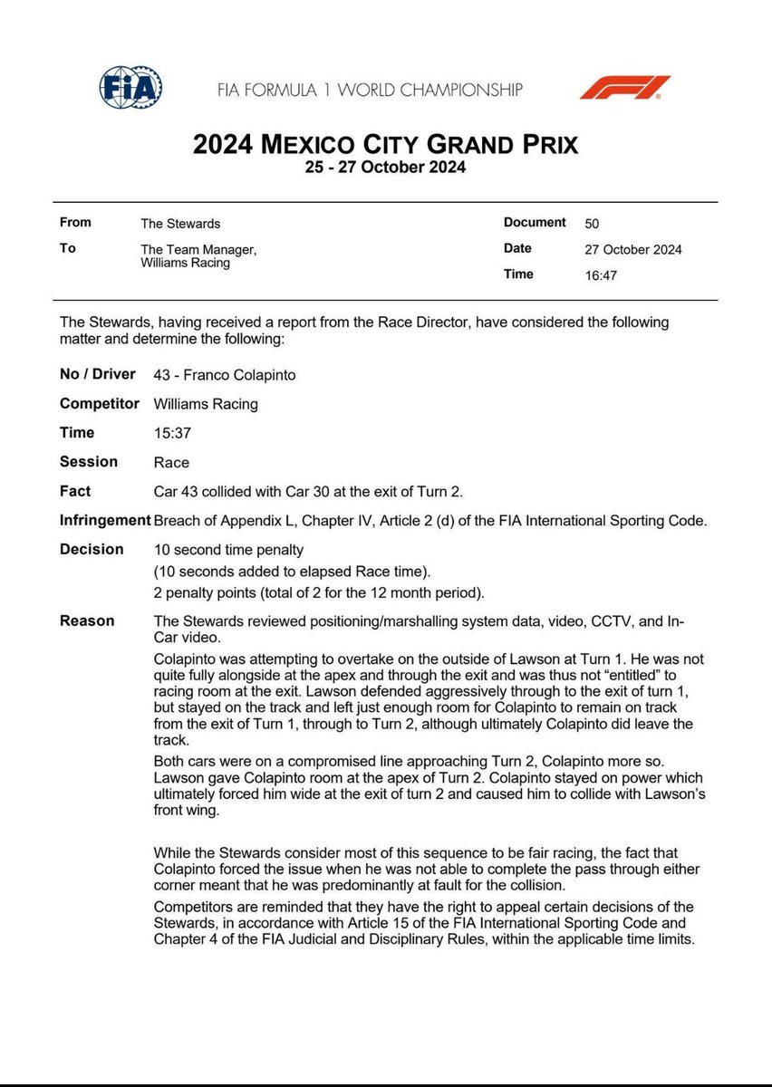 jcampbellwalter's tweet photo. @fia @F1 I have no words. How can these two incidents have the same penalty?? https://t.co/fmxYaDrnTa