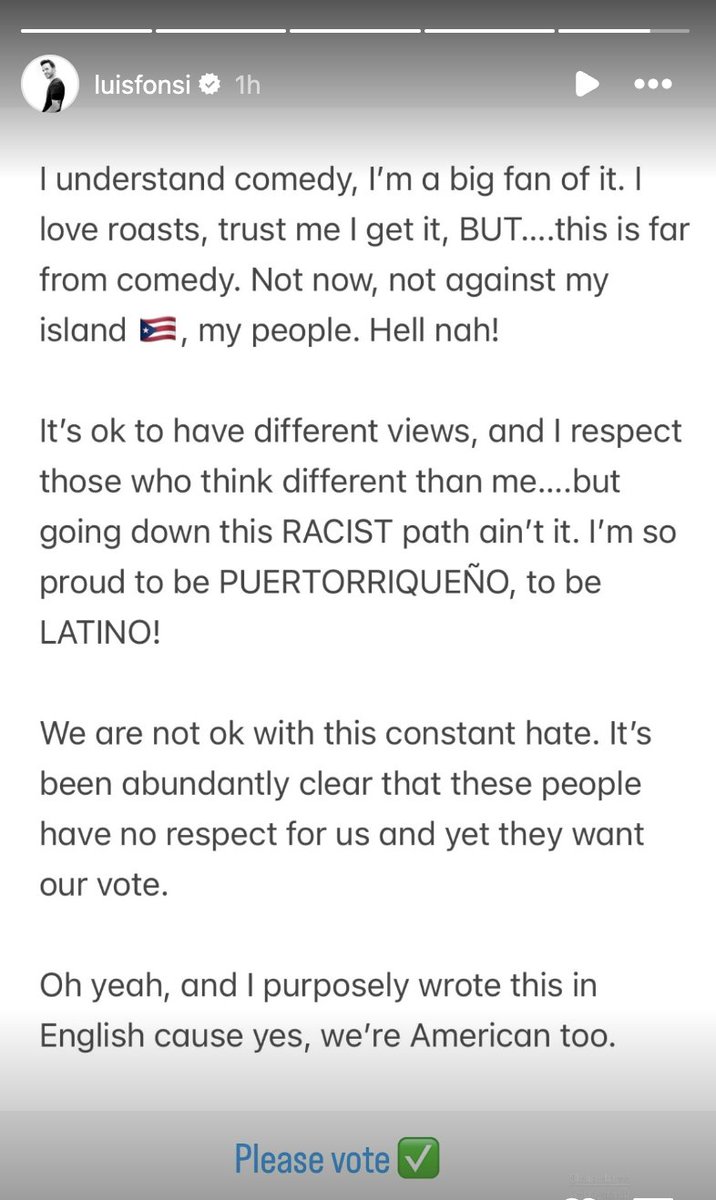 "Despacito" singer Luis Fonsi (16M IG followers), joins a chorus of Puerto Rican superstars -- JLo, Ricky Martin, Bad Bunny -- who've all shown support for Harris tonight.

Their support comes after Harris shared her plan for PR today &amp; after an offensive joke at Trump's rally.