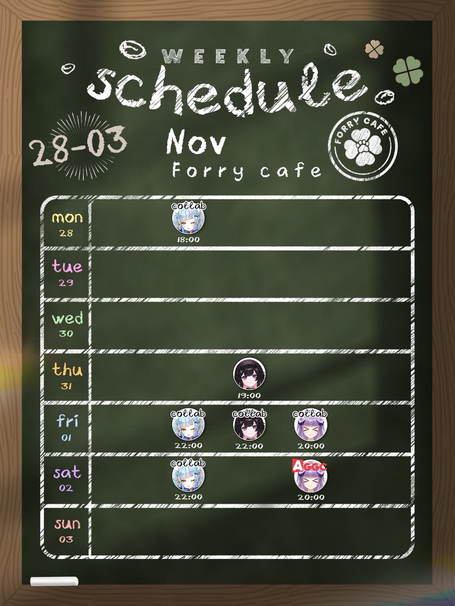 ForryCafe's tweet photo. 🍀ตารางงานของพนักงาน GEN 1🍀
ประจำวันที่ 28-3 พฤศจิกายน 2024
•
@FrozyForry @PenguCH @pinto__xx @EmilVtuberth @FusuiForry
•
#CV_Forry
#pintolive #Pengu_Live #FrozyLive #EMILLive https://t.co/N3O4JGU6Jw