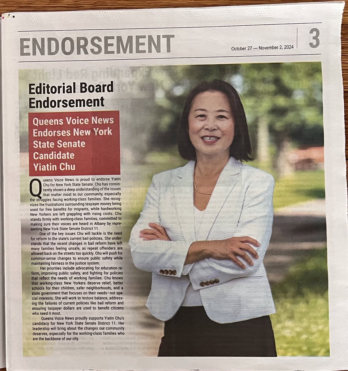 I am proud to be endorsed by Queens Voice News. 

“Queens Voice News is proud to endorse Yiatin Chu for New York State Senate. Chu has consistently shown a deep understanding of the issues that matter most to our community, especially the struggles facing working-class families.