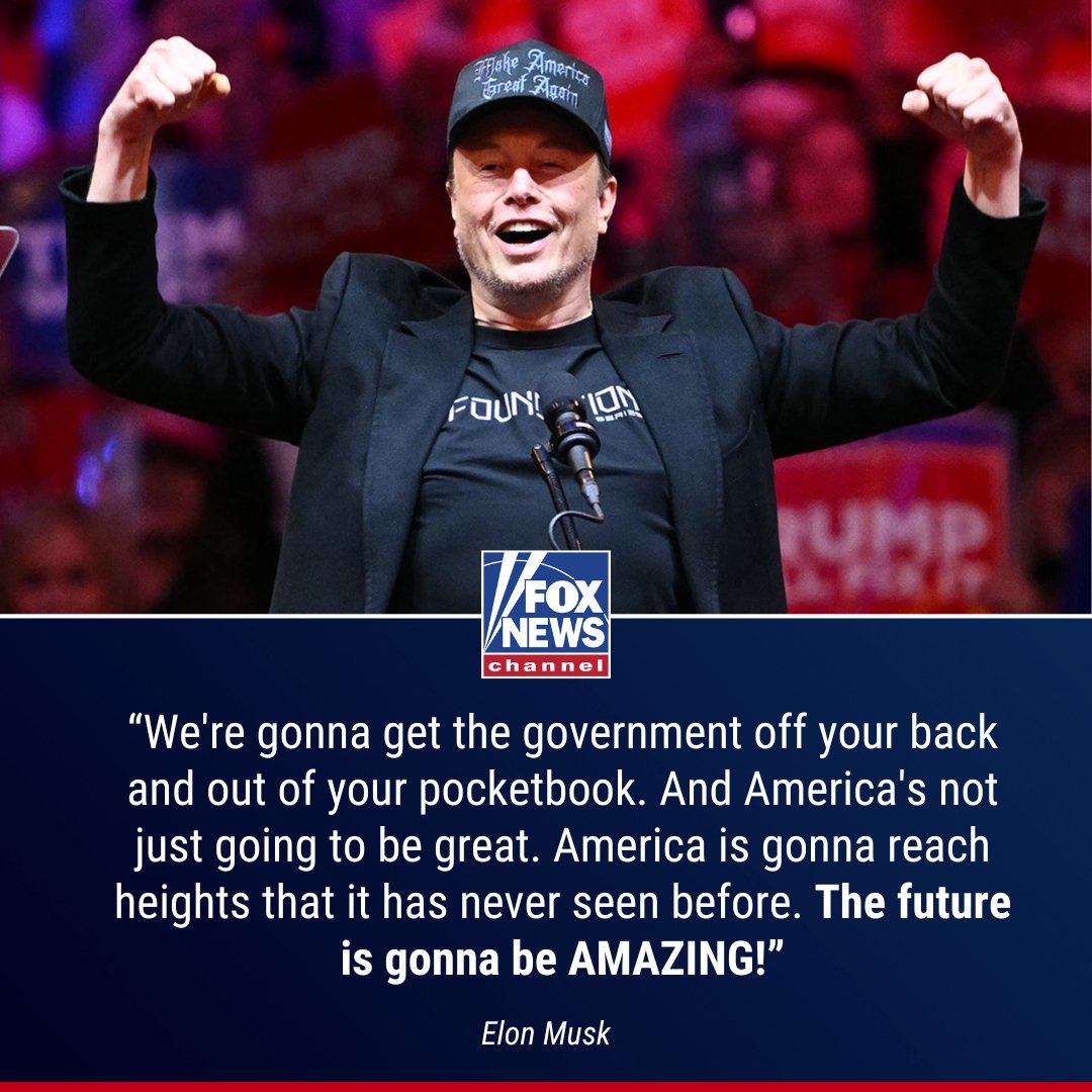 FoxNews's tweet photo. 'VOTE NOW': @elonmusk took the stage at former President Trump's MSG rally while leading the crowd in a "USA" chant and imploring those in attendance to vote early. https://t.co/vQjLZW13oh https://t.co/QX2pW45i69