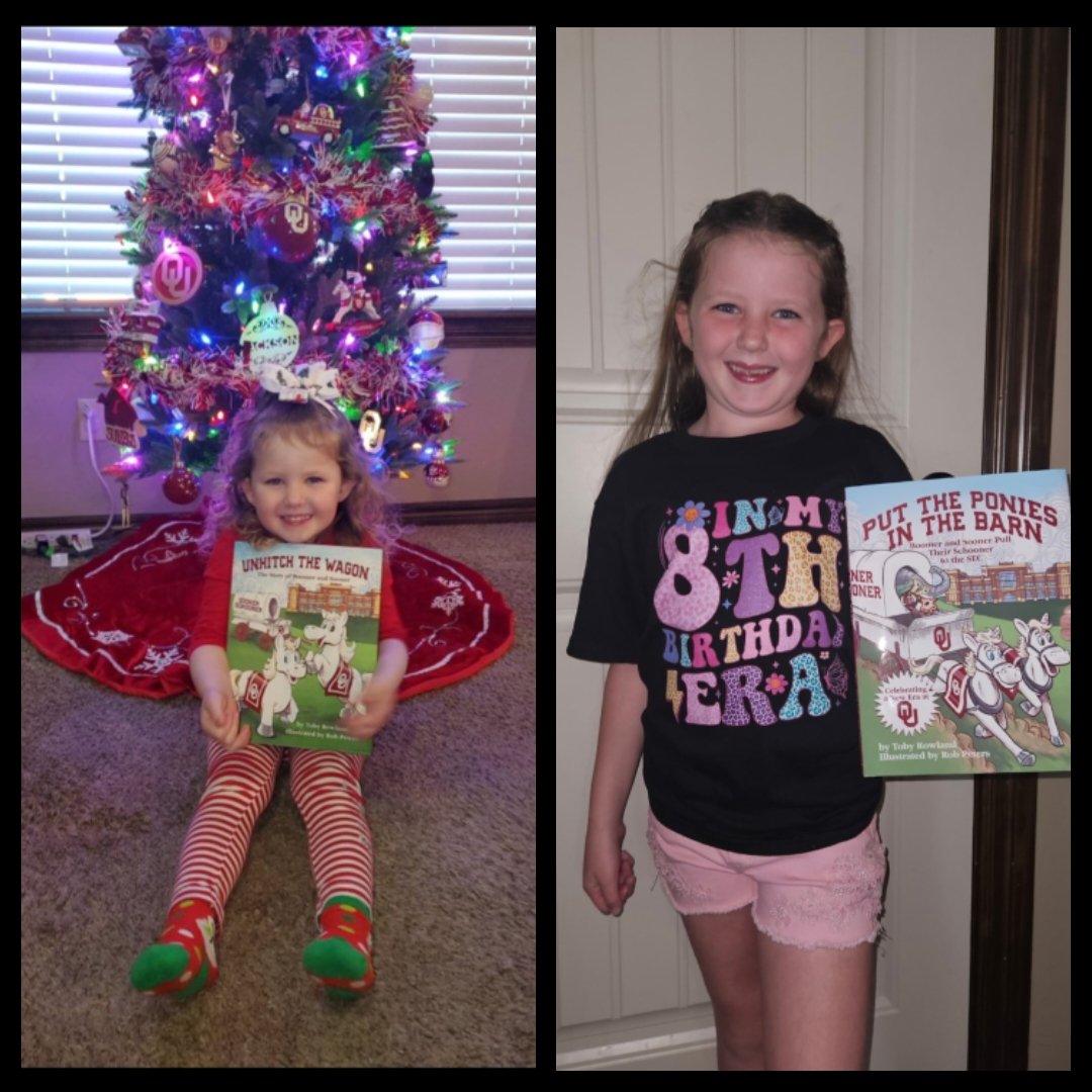 krazykando's tweet photo. Think Avery might have grown a little bit between Toby Rowland's 2 OU books! She still loves to read them both! @TRowOU #BoomerSooner https://t.co/S8CS7gauG5