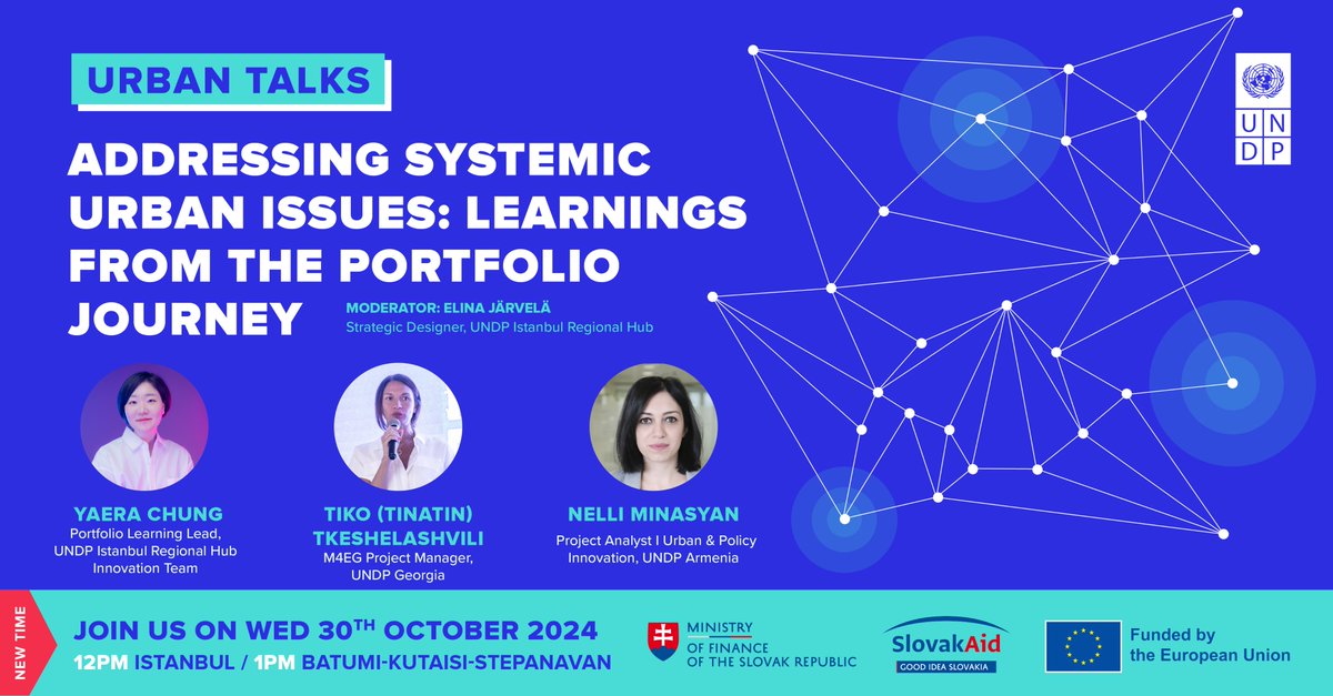 UNDPEurasia's tweet photo. How can #cities address complex, interconnected challenges?
Join our online Urban Talks to learn abt the portfolio approach in action, featuring stories from #Batumi, #Kutaisi & #Stepanavan! 💡
📅 Wed 30 Oct
🕛 12PM Istanbul | 1PM Batumi-Kutaisi
📝 https://t.co/3ArXeebJ9n https://t.co/e1jwoDp27d