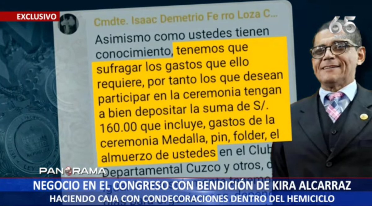 AdrianSarriaMu's tweet photo. El Congreso al nivel de Azángaro. Despacho de la congresista Kira Alcarraz cobra por condecoraciones. A ex policias se les cobraba S/160 para medallas y diplomas, almuerzo. Servicio completo gracias a Isaac Ferro, un cmdte. en retiro que trabaja con Alcarraz. Vía @PanoramaPTV. https://t.co/cvXrUHIsE9