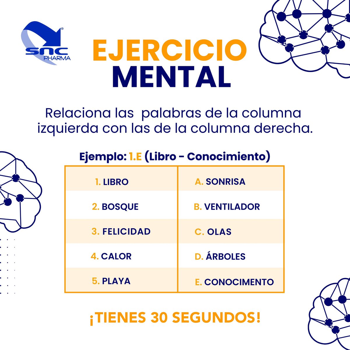 🔔 EJERCICIO MENTAL 🔔 

¿Estás listo? ¡Déjanos tu respuesta en los comentarios y comparte! 🙏 

Estos ejercicios de Gimnasia Cerebral, te ayudarán a oxigenar tu cerebro y de esta forma, prevenir enfermedades que puedan afectar a tu salud mental. 

Copyright©️ de SNC PHARMA®️