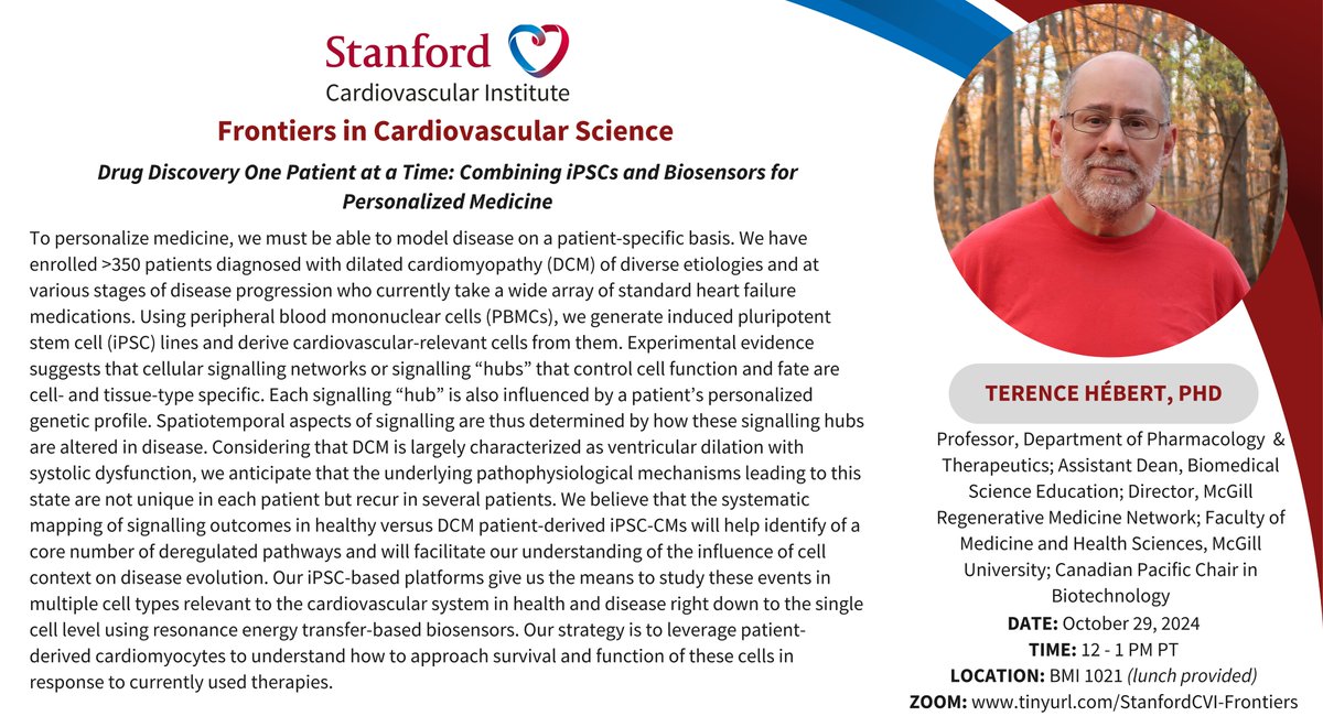 Joseph_C_Wu's tweet image. Please join @StanfordCVI seminar on Tue 10/29 at 12pm PST by Dr. Terence Hebert @McGillMed speak on #DrugDiscovery using #iPSC and #Biosensor. 
tinyurl.com/StanfordCVI-Fr…
@StanfordDeptMed @Stanford_ChEMH
@SeanM_Wu @BCVSearlyCareer
@AHAScience @ATVBEarlyCareer
@THebertMcGill