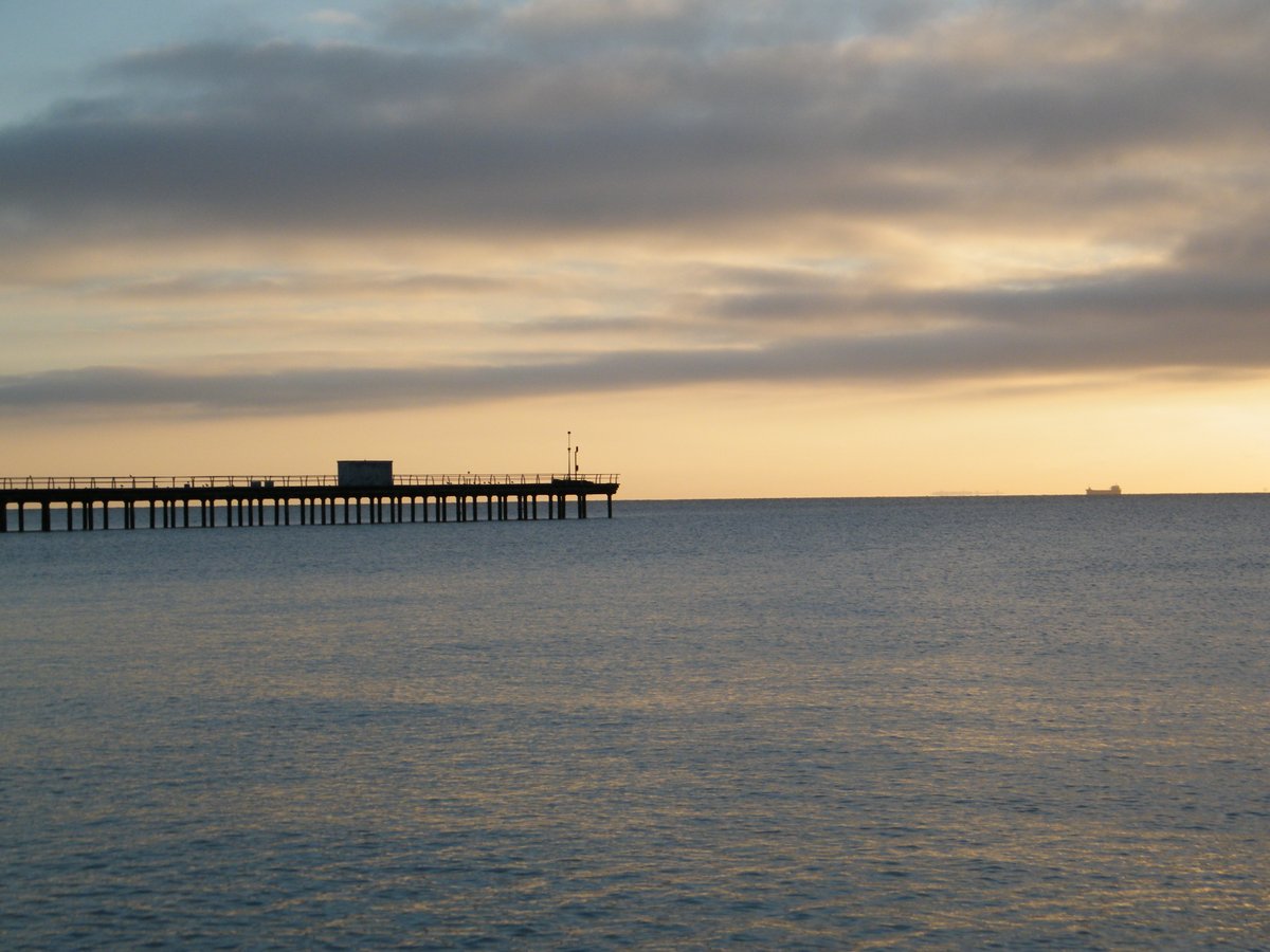 jonnyald's tweet photo. down at Felixstowe beach #sunrise #ship #horizon #leaving #port #shingle #beach #pier  #limpet #seashell #lifesgreat #suffolk #coast https://t.co/lBQPbZ1Oa6