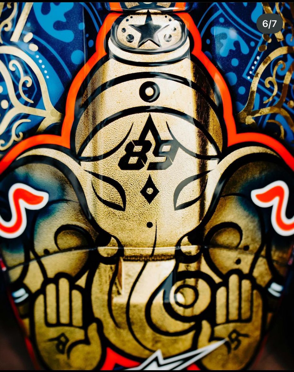 rajuach's tweet photo. Jorge Martin the MotoGP champion said “I want to pay tribute to lord Ganesha and I have a tattoo of him on my shoulder “ He is wearing lord Ganesha tribute helmet at Thai GP  … #JM89👍 #Martinator https://t.co/snW17r5kNN