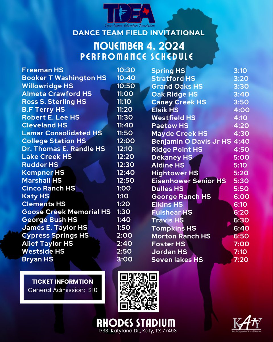Tickets now on sale for the #texasdanceeducatorsassociation Dance Team Field Invitational on November 4, 2024 featuring local high school dance teams. @fineartskatyisd #katyisdfinearts
