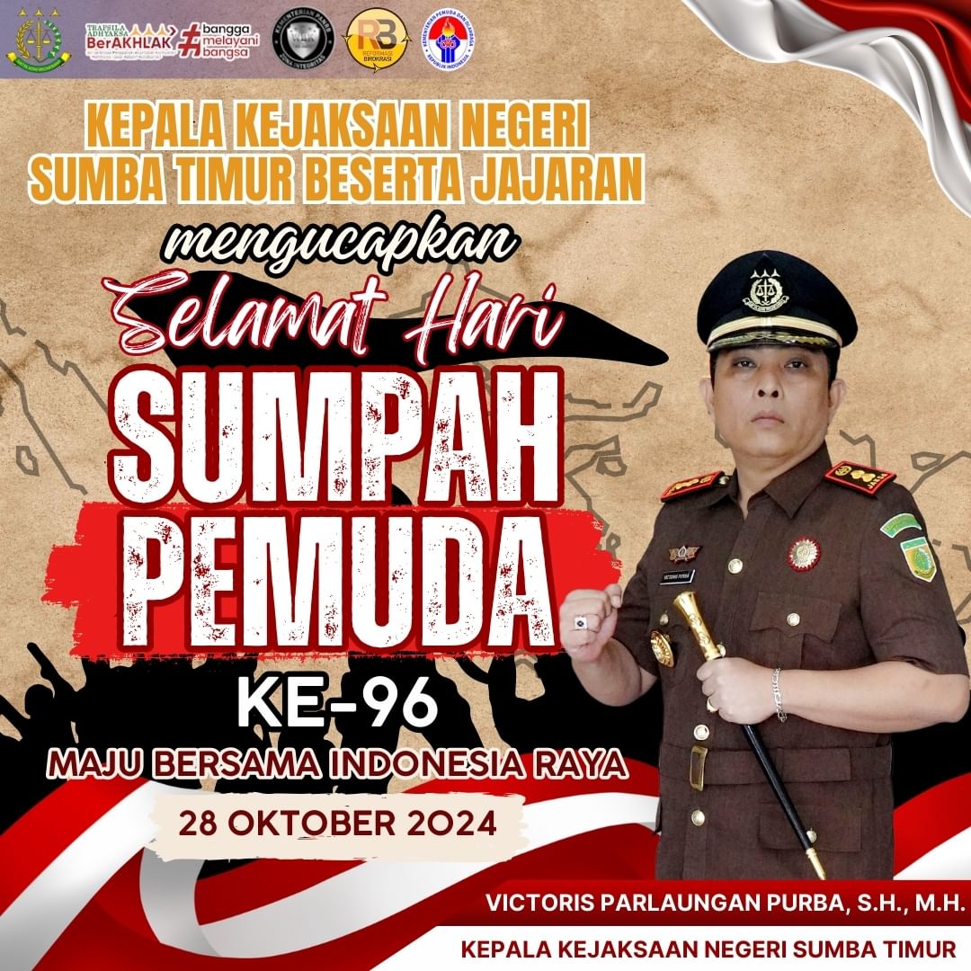 NegeriSumba's tweet photo. Kepala Kejaksaan Negeri Sumba Timur Bapak Victoris Parlaungan Purba, S.H., M.H, beserta seluruh jajaran mengucapkan Selamat Hari Sumpah Pemuda ke -96 tanggal 28 Oktober 2024.

"Maju Bersama Indonesia Raya" https://t.co/l0EzqPS8vn