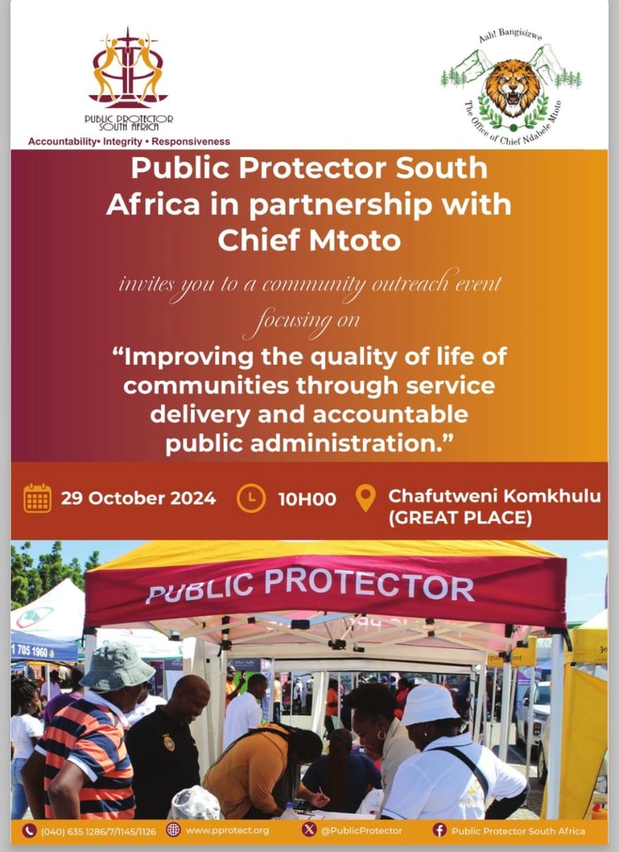 KhuluPhasiwe's tweet photo. Public Protector Adv Kholeka Gcaleka will hold meetings with stakeholders in Chafutweni, Eastern Cape, tomorrow to hear from them what pressing issues they face.  Local govt officials will also be there. 
@SABCNews @eNCA @Newzroom405 @Dispatch_DD @EASTERNCAPEGOV
@PublicProtector https://t.co/QIAPWZMrpV
