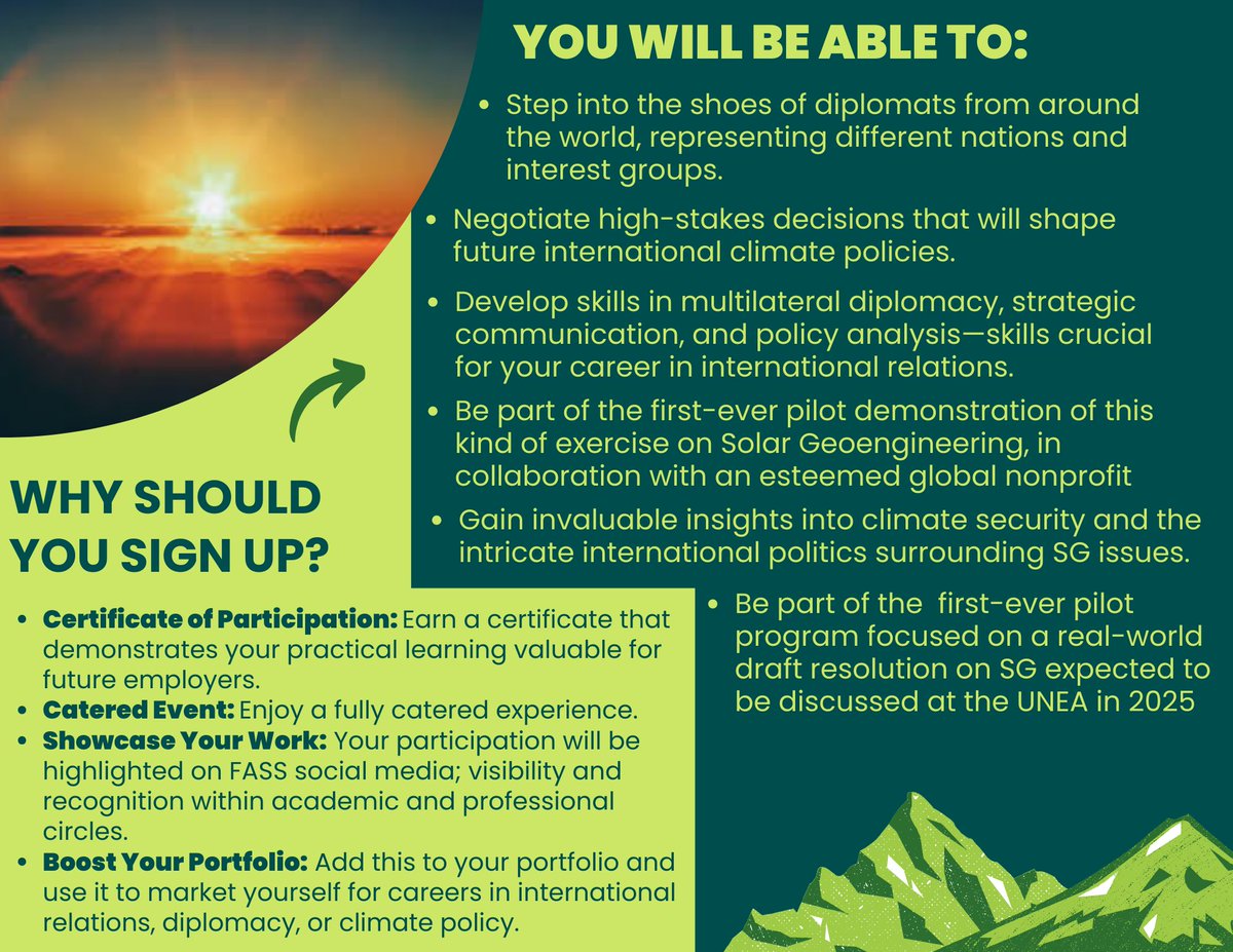 fass_air's tweet image. Did you hear about the exclusive #SimulationExercise on #SolarGeoengineering by @fass_air in 🤝 with @sgdeliberation!? Open to all #FASS 👩‍🎓👨‍🎓 at #AirUniversity. Don’t miss this chance!
🔗 Learn More: bit.ly/DSG-FASS-SG-In…
📝 Register bit.ly/DSG-FASS-SGEve…