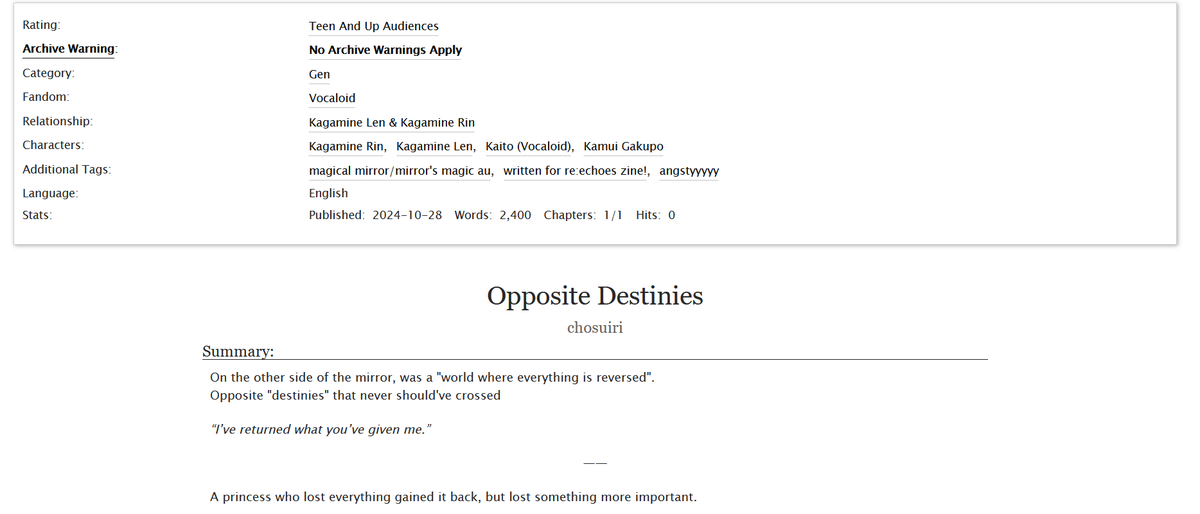 Hi! Sharing my full piece for the <a href="/reechoes_zine/">re//echøes: A Kagamine Fanzine</a>! As seen in my preview, I wrote a fic based on the Magical Mirror/Mirror's Magic series by HitoYamaP! 

archiveofourown.org/works/60110959