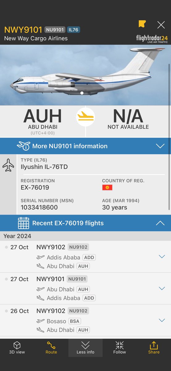 AliYahyaSDN's tweet photo. IL-76 EX-76019 إقلاع مبكر من ابوظبي ورقم الرحلة NU9101 و غالبا متجهة إلى اثيوبيا.
بالامس قامت الطائرة برحلة ابوظبي الى اديس ابابا.
#EX76019 https://t.co/SH0sujyZ2P