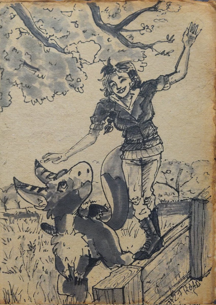 WhateverCryptid's tweet image. Walking along the road! 
--- 
#inktober2024 #inktoberday27 #road #digimon #dorumon 
---