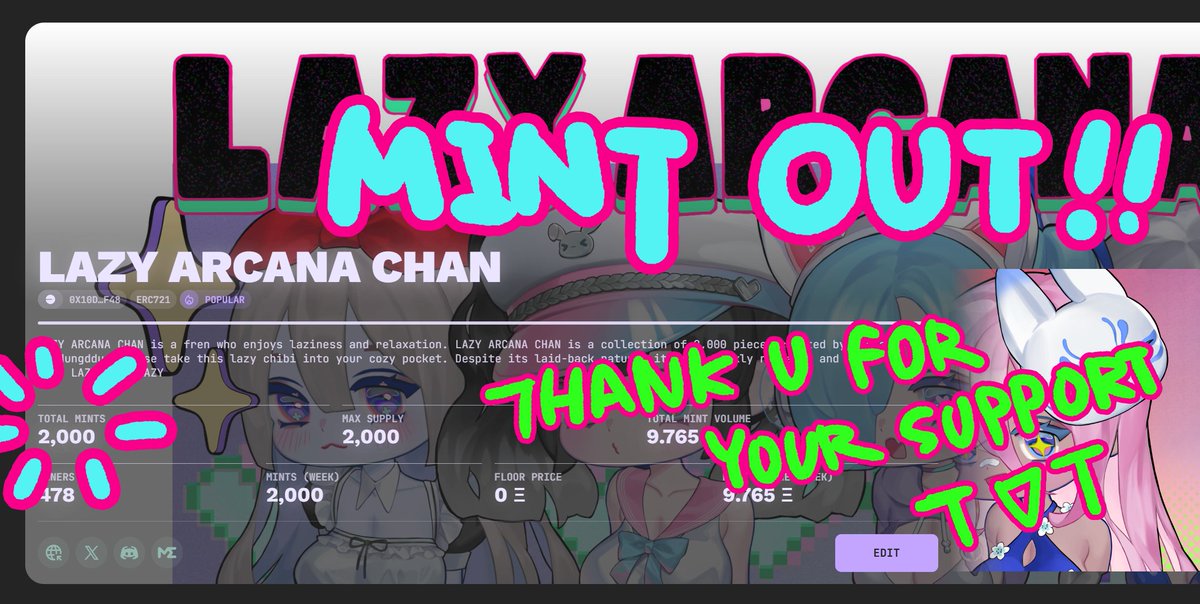 MINTED OUT !!!

My first generative art project, LAZY ARCANA CHAN, has found its way into the pockets of all its treasured owners 🤍
And it all happened in just 1 hour and 30 minutes! 🔥

To all the friends who joined me with LACN... Thank you from the bottom of my heart...