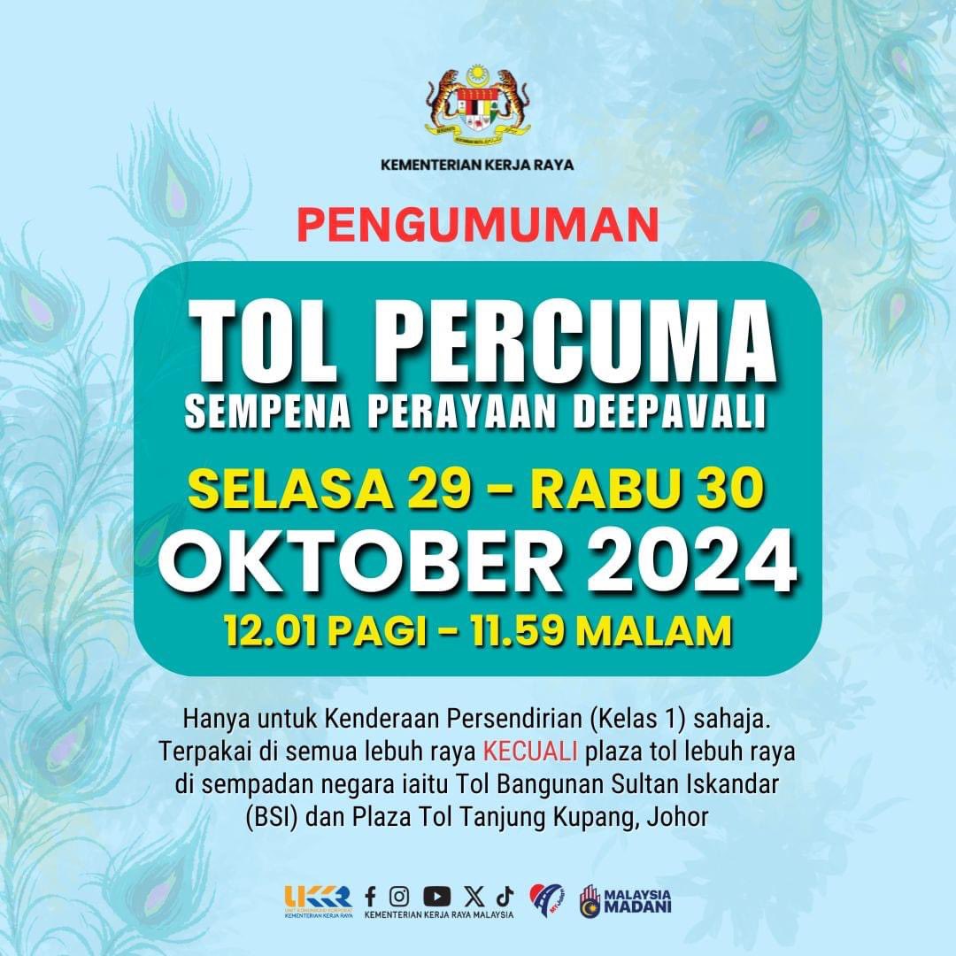 moworksmy's tweet photo. KERAJAAN MADANI SETUJU TOL PERCUMA SEMPENA SAMBUTAN PERAYAAN HARI DEEPAVALI TAHUN 2024

#KeArahKesejahteraanRakyat
#kamidisini
#myjalan 
#taatsetia https://t.co/NEVUyBJqZD