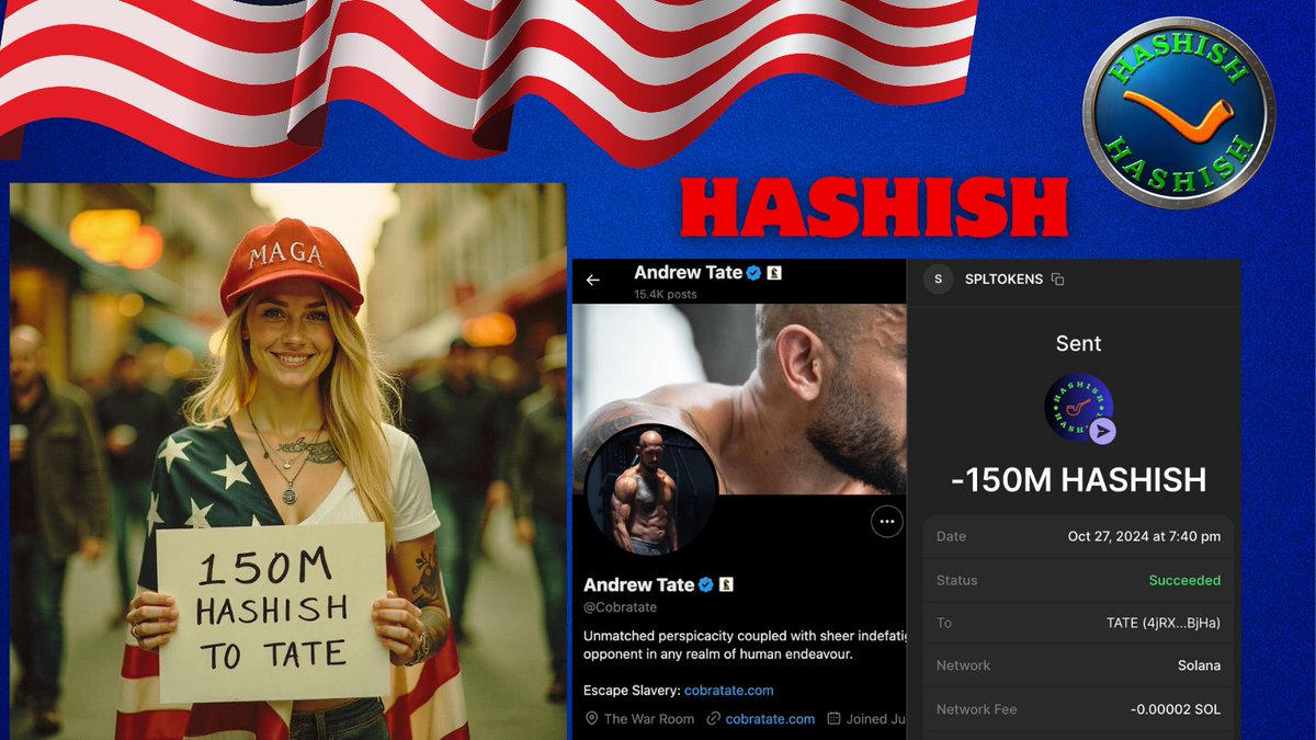 Just dropped 150 million of hashish to <a href="/Cobratate/">Andrew Tate</a>! Respecting the hustle and keeping it high vibe. Let’s elevate together! 🌟💰

#Hashish #Solana #Airdrops #TOKEN2049 #Blockchain #memecoin #Web3 #420fam