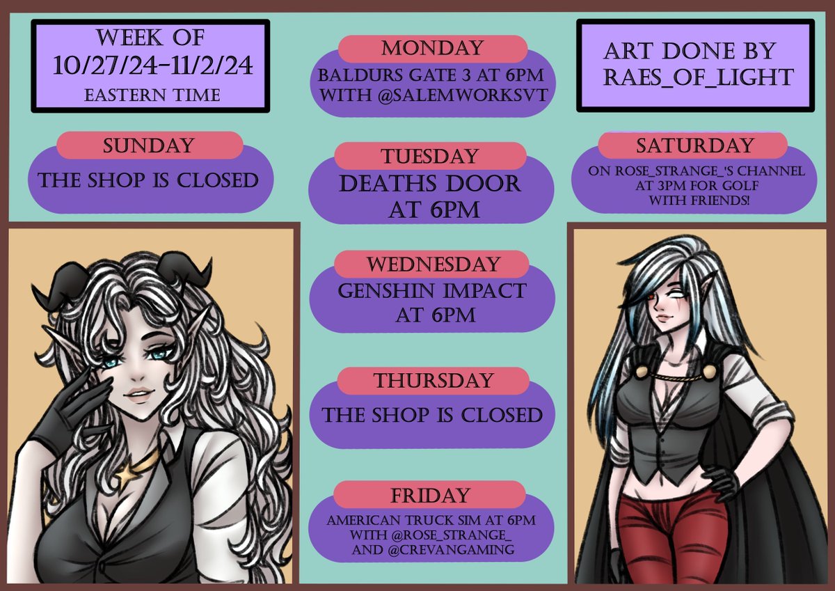 Good evening yall! We got some fun stuffs to do this week with <a href="/SalemWorksVT/">~Salem~🩷 🦇 Redebut Apr 3rd</a> @TheCrevanGaming and @rose_renaud_ ! And this weekend you can find me on @rose_renaud_  channel for some golf with friends and lethal company!!!! I love your faces and hope to see yall then!