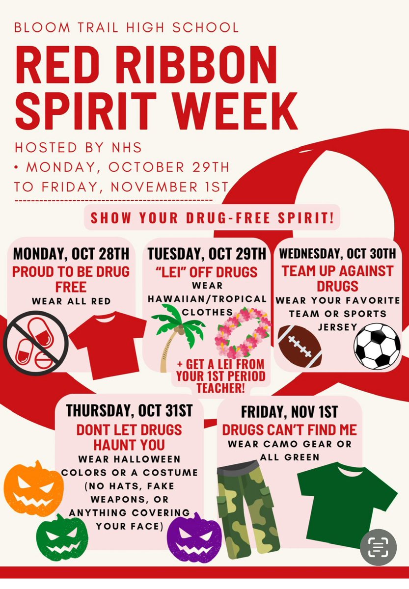Help Bloom Trail’s NHS support Red Ribbon Week! <a href="/PrincipalKeene/">Glynis Keene</a> <a href="/DrNavarre/">Supt. Lenell Navarre</a> <a href="/momofgenerals/">Jennifer Mila</a>