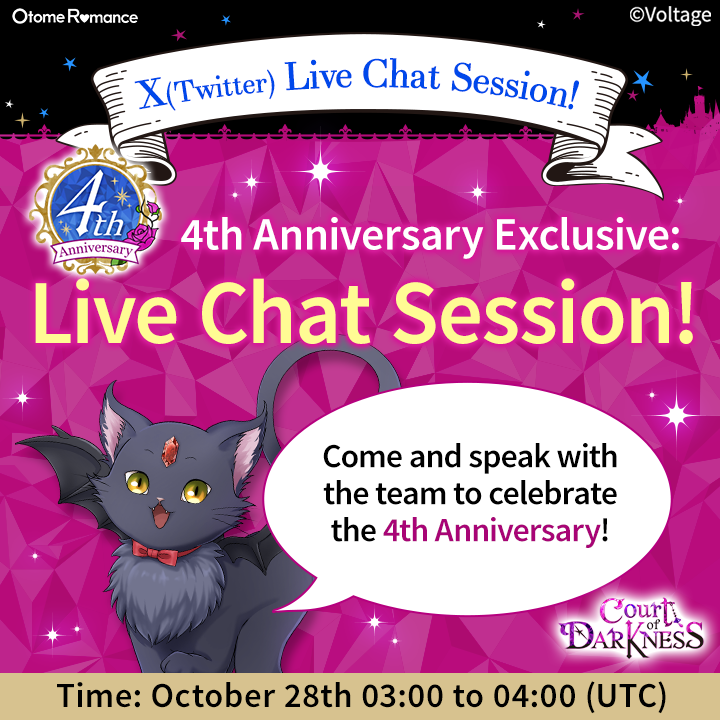 CourtDarkness's tweet photo. ✨4th Year Celebration✨
Dear Courtiers, The Live Chat is now on!  
Come and interact with us!☕  
#VoltageInc #CoD #CourtofDarkness #Otome https://t.co/C0BMQefooG