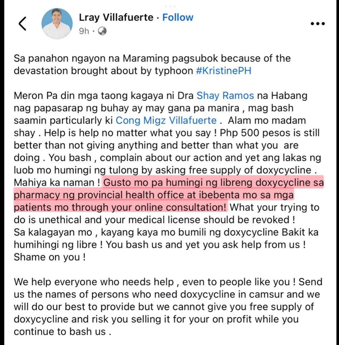 RobbieMeriales's tweet photo. That’s a serious accusation there. Got anything to back up that statement, Mr. Villafuerte?

#arewelookingatcyberlibelhere https://t.co/fC4Pjw3fvw