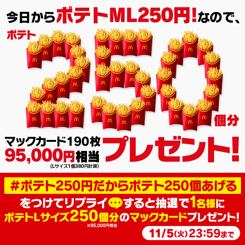 McDonaldsJapan's tweet photo. 今日から250円！
ウルトララッキーな1人は誰だ？ポテト250個分(95,000円相当)のマックカードプレゼント！

【#ポテト250円だからポテト250個あげる】をつけて本日11/5(火)中にリプライすると、抽選で1名様に95,000円相当のマックカードプレゼント！

詳細は画像をタップ！