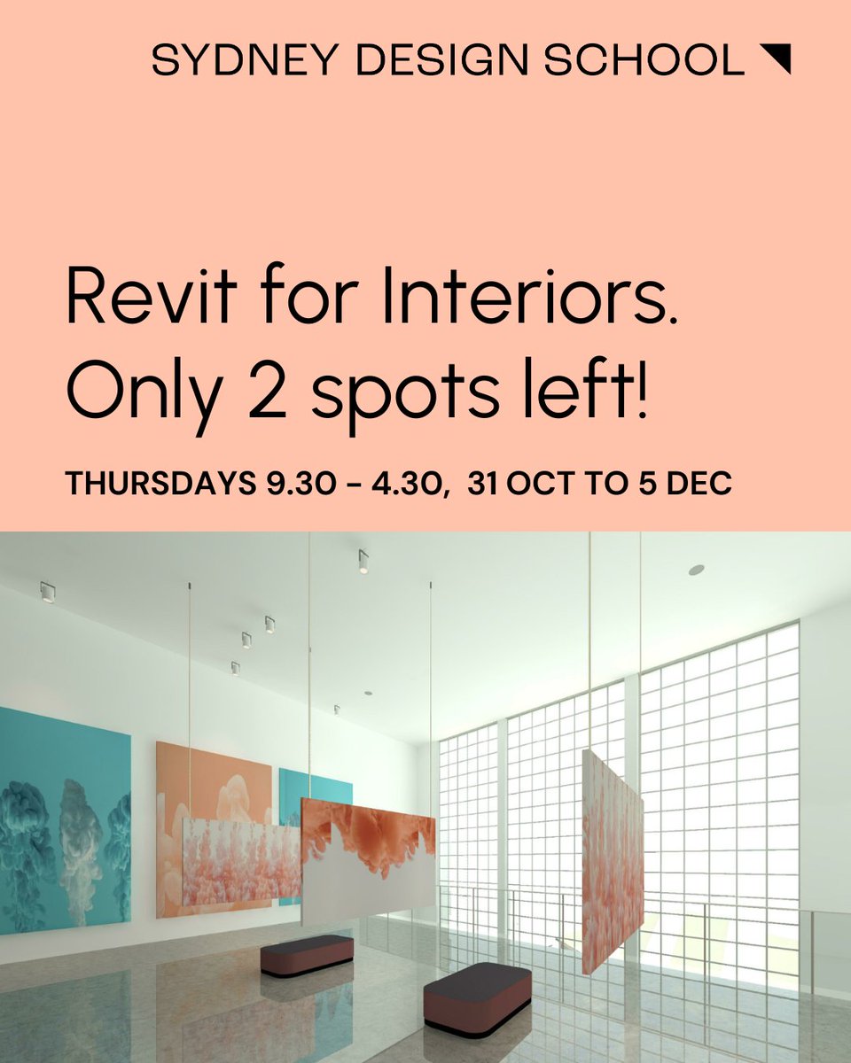 SydDesignSchool's tweet photo. Finish the year on a strong note with a boost to your skills. Extend career opportunities with this practical course designed for professionals. ⁠Learn from Educator and Architect Elly Adkins
Revit for Interiors⁠
Thursdays 9.30-4.30
31 Oct to 5 Dec
⁠https://t.co/kjQ7iO9BPn https://t.co/CIX7N1BjFv