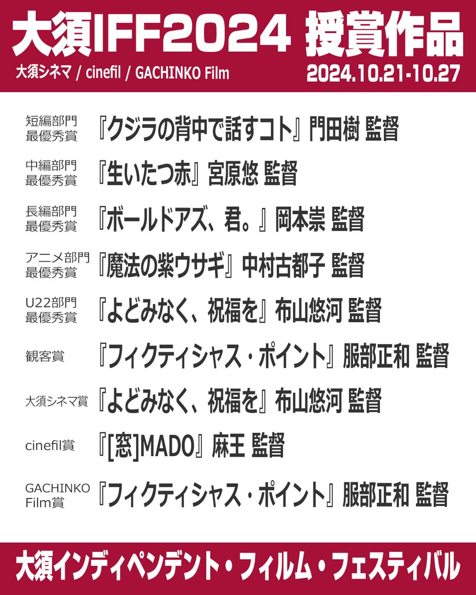 independent_ff's tweet photo. #大須IFF2024
授賞作品（１）

▼最優秀賞
短編部門
『クジラの背中で話すコト』#門田樹 監督

中編部門
『生いたつ赤』#宮原悠 監督

長編部門
『ボールドアズ、君。』#岡本崇 監督

アニメ―ション部門
『魔法の紫ウサギ』#中村古都子 監督

@osucinema 
@cinefil_tokyo 
@gachinko_film 

▼ https://t.co/iETmQdf2x2