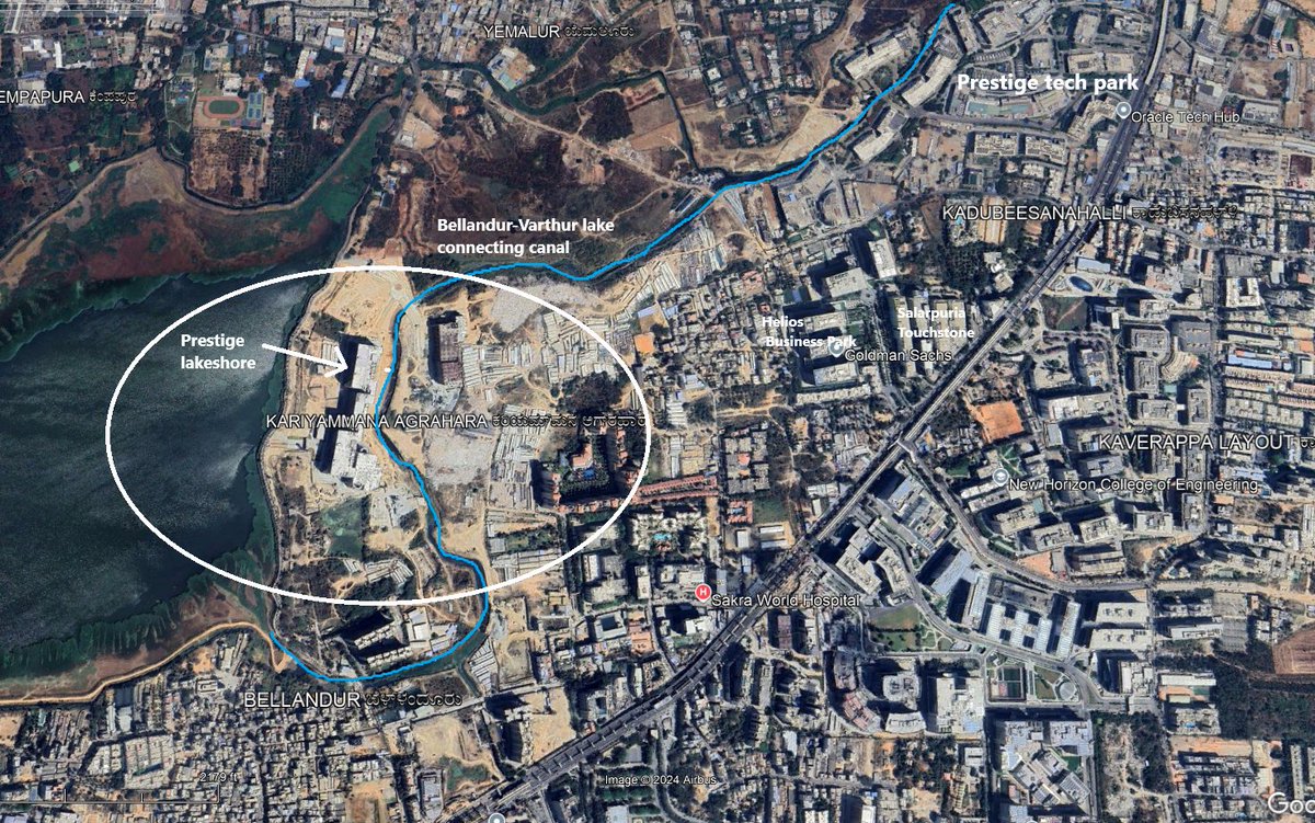 TNGeography's tweet photo. The 102 acre Prestige lakeshore project in Bellandur scares me(Tech park+housing), located on both sides of the important Bellandur-Varthur canal. Bellandur lake drains ~200sqkm of area, all water has to go through this canal. There are no major roads connecting this township 1/2 https://t.co/ZWULpj4Vlb