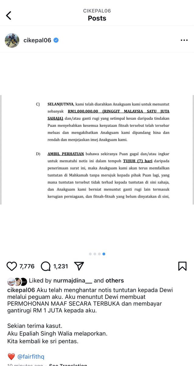 twtbiy's tweet photo. Salam satu juta, cik epal nak saman dewi. https://t.co/RQ3xSnQub6