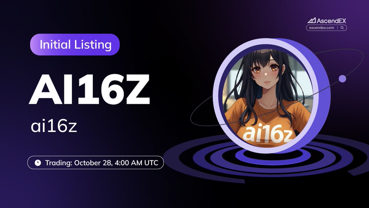 🚀 #AscendEX is thrilled to announce the @pmarca ( $AI16Z) listing under  the trading pair $AI16Z/USDT. Details are as follows: ✓ Deposit: October  28, 3:00 AM UTC ✓ Trading: October 28, 4:00