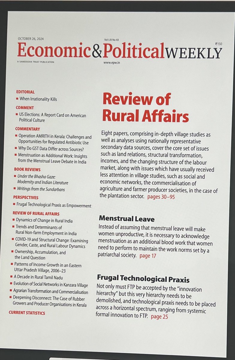 MahendraDevS's tweet image. Last week, EPW brought out a special issue on ‘Review of Rural Affairs’. It uses national level secondary data and village studies.