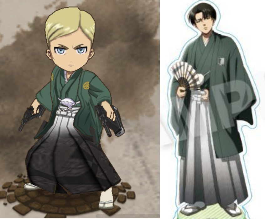 フォロワーさんの気づきがすごい！！
2年前に配布されたブレオダのエルヴィンさんの和装衣装と今回のリヴァイさんの和装の色合いがそっくり同じだった！😳