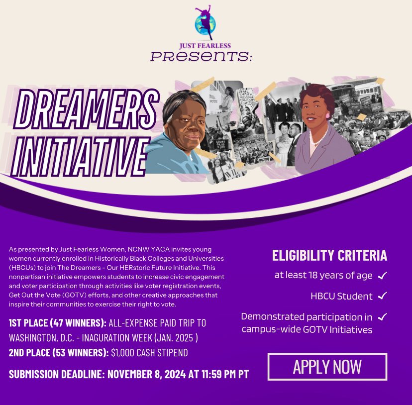 IAmJustFearless's tweet photo. We are so excited to present this GOTV contest for women enrolled at a #hbcu across the nation. This will be facilitated by @NCNWHQ @NCNWYoungAdult . 

Apply here: 
https://t.co/fRr5alDLdL

#saveourdemocracy #womensrights  #herstorymade #takeactionnow #vote #HBCU #GOTV https://t.co/dSmEgkUD3q