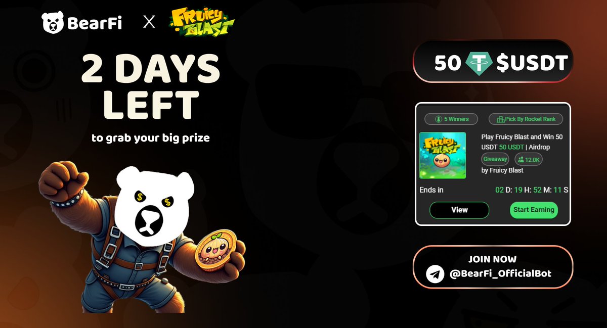 🚨 Only 2 DAYS LEFT to win 50 USDT with <a href="/fruicy_blast/">Fruicy Blast</a> x BearFi! 💸🚀

Complete Fruicy Blast tasks, collect Rockets, and be one of the 5 lucky winners! Don't let this chance slip away! 🔥✨

⏳ Event ends soon—act fast! 🎯 Prize: 50 USDT for the top 5 Rocket collectors!

Join now: