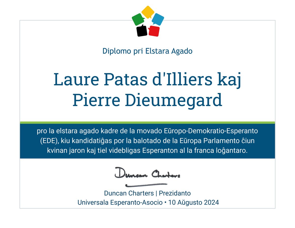 Depuis plusieurs années, #EDE coopère avec d'autres organisations pour une meilleure #démocratie en #Europe par une langue commune équitable, l'#espéranto. Cet été, nous avons reçu un diplôme de #UEA, l'association mondiale d'espéranto.
