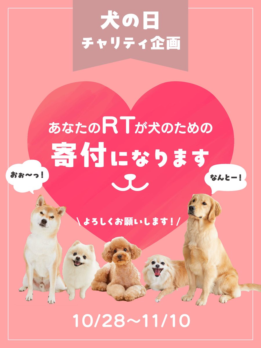 peppy_net's tweet photo. 🎀🐶チャリティ企画🐶🎀

11月1日は　#犬の日。わんちゃんについての知識を深め愛情を注ぐ日だそう☺️

PEPPYでは、どんな境遇のわんこも幸せに暮らしてほしいという願いを込めて【この投稿のRT数×2円】を犬の保護活動を行う団体や、社会に役立つ仕事に携わるわんこに寄付することにしました🤲🏻

皆さま拡散のご協力、よろしくお願いします🙇🏻‍♀️

また今後もこういった発信を行なっていきますので、フォローもお待ちしています！

#チャリティ
#保護犬
#盲導犬
#セラピー犬
#被災動物
#殺処分ゼロ
#犬チャリティ