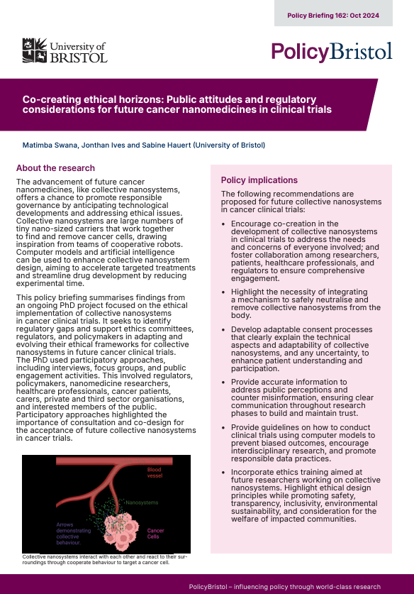 matimbaswana's tweet image. Really excited to share a new @PolicyBristol briefing based on some work from my PhD with @sabinehauert &amp;amp; Prof. Jon Ives "Co-creating ethical horizons: Public attitudes and regulatory considerations for future cancer nanomedicines in clinical trials" #cancernanomedicine #PPIE