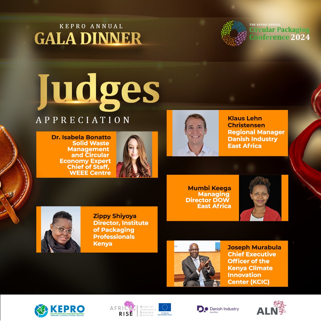 kepro_ke's tweet photo. The #KEPRO board and secretariat is deeply grateful to the esteemed judges of the inaugural Sustainable Packaging, Innovation, and Circular Economy Awards (SPICE Awards) for their invaluable time, wisdom, and efforts in selecting our winners from numerous outstanding submissions. Their dedication and expertise were instrumental in ensuring the success of this event.
Because of their hard work, we now proudly have our first #KEPRO Ambassadors for Circular Economy and Sustainable Waste Management.
Thank you; Klaus Lehn Christensen, Regional Manager DI East Africa, Mumbi Keega Managing Director Dow East Africa, Joseph Murabula, CEO, Kenya Climate Innovation Center (KCIC), Zippy Ondisa Shiyoya, Director Institute of Packaging Professionals Kenya (IOPPK) and Dr. Isabela Bonatto, Solid waste Management and Circular Economy Expert Chief of staff, WEEE Centre for helping us recognize and celebrate innovation and sustainability in our industry.
#KACPC2024 #KEPROAnnualConference2024 #KEPROinAction #CircularEconomy