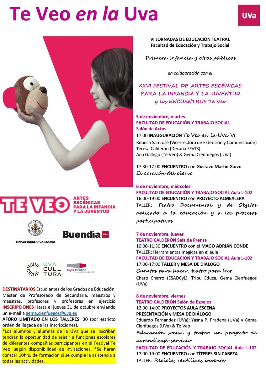 Fundación Universidades y EESS de Castilla y León (@fuescyl) on Twitter photo 🎭 Charo Charro, profesora #ESADCYL, participa en el taller y mesa de diálogo “Cuentos para hacer, teatro para leer” en los Encuentros Te Veo teveo.es/es/encuentrost…
<a href="/UVa_es/">Gabinete de Comunicación Universidad de Valladolid</a> <a href="/AsociacionTeveo/">Te Veo Artes Escénicas para Infancia y Juventud.</a> <a href="/feyts_uva/">feyts_uva</a> 🎭 Charo Charro, profesora #ESADCYL, participa en el taller y mesa de diálogo “Cuentos para hacer, teatro para leer” en los Encuentros Te Veo teveo.es/es/encuentrost…
<a href="/UVa_es/">Gabinete de Comunicación Universidad de Valladolid</a> <a href="/AsociacionTeveo/">Te Veo Artes Escénicas para Infancia y Juventud.</a> <a href="/feyts_uva/">feyts_uva</a>